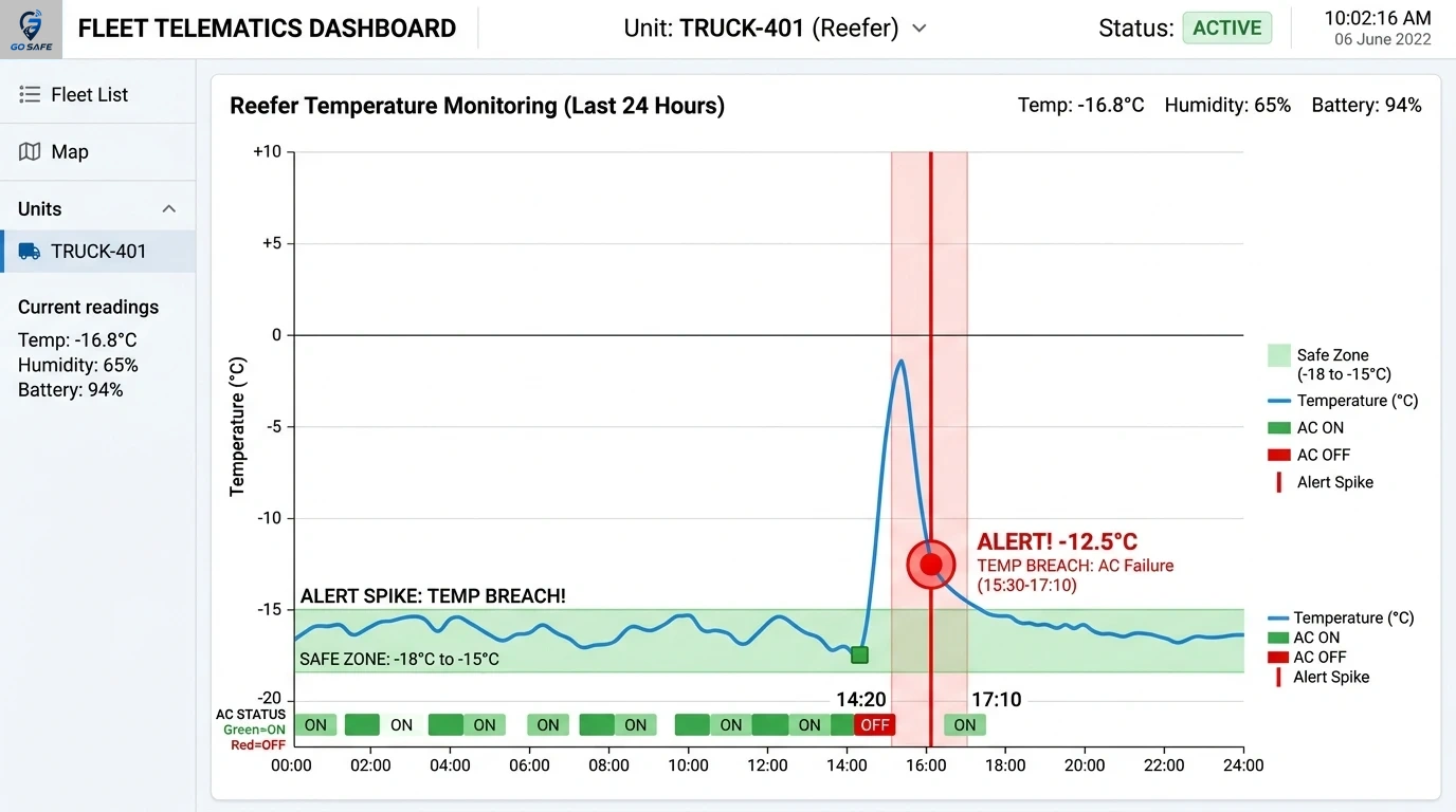 Temperature Monitoring System Telematics Dashboard & Reefer Cold Chain Alert Graph