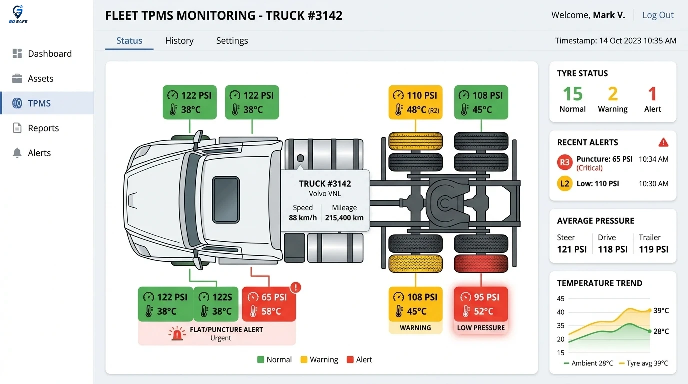 Tyre Pressure Monitoring System (TPMS) Fleet Dashboard & Axle Pressure Graph